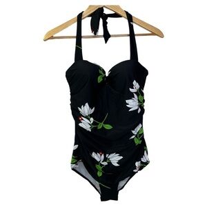 UNIQUE & CLASSIC ONE PIECE SWIM SUIT BLACK AND FLORAL NWT  SZ L